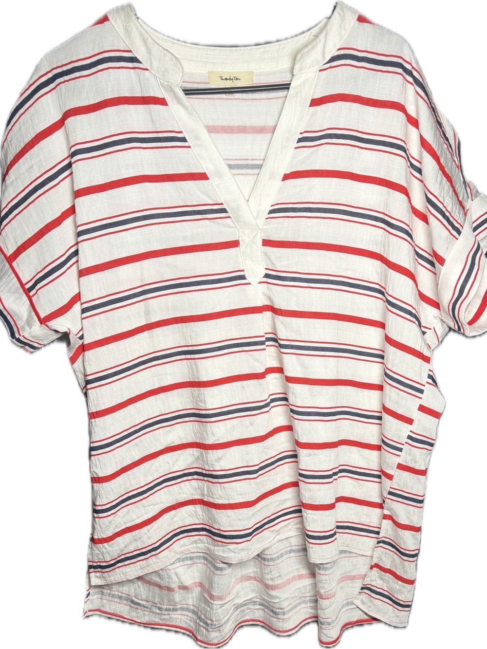 Stripe V-Neck Relaxed Tunic Top - Red & Navy -